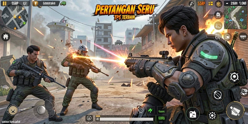 Screenshot utama 55RP menampilkan aksi intens di arena TPS.
