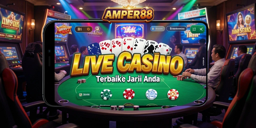 Screenshot gameplay AMPER88 menunjukkan dealer langsung dan meja kasino.