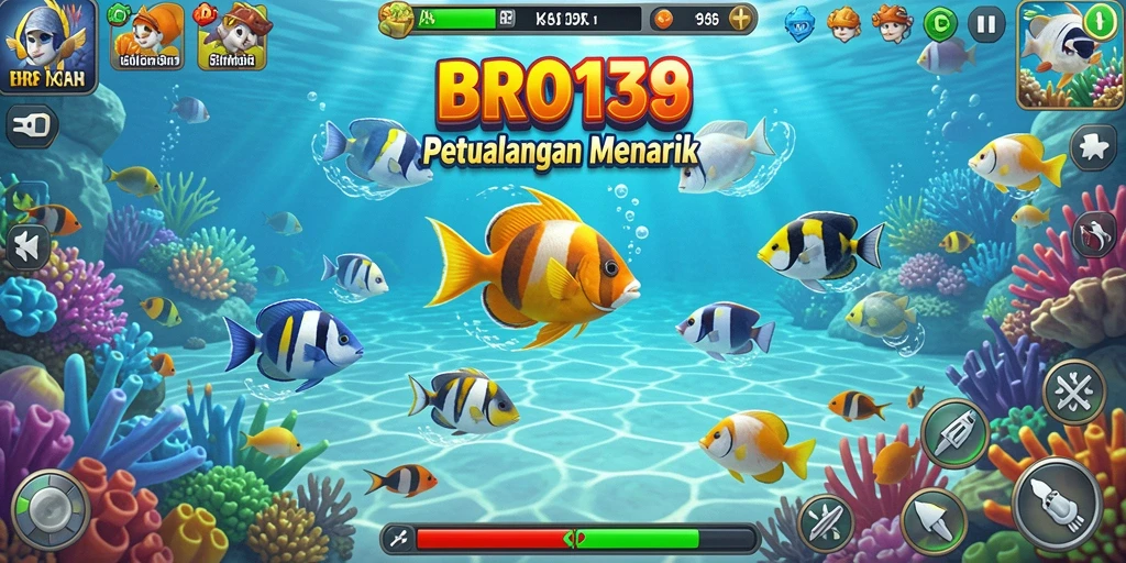 Tampilan gameplay seru dalam BRO138, menangkap ikan dengan berbagai senjata.
