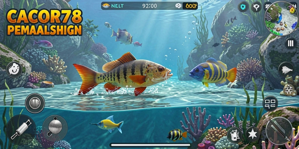 Screenshot utama CACOR78 menampilkan pemain saat memancing dengan latar belakang indah.