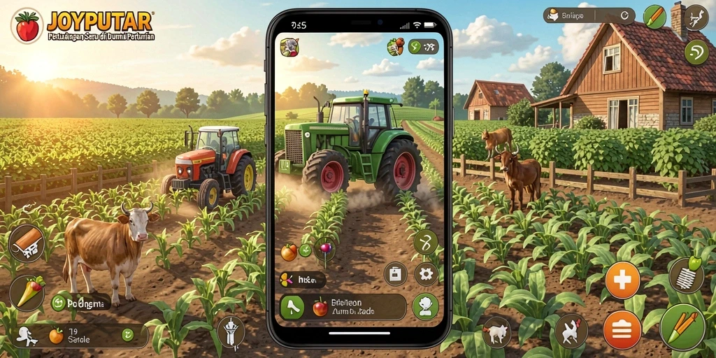 Screenshot gameplay JOYPUTAR menampilkan ladang yang subur dan hewan ternak.