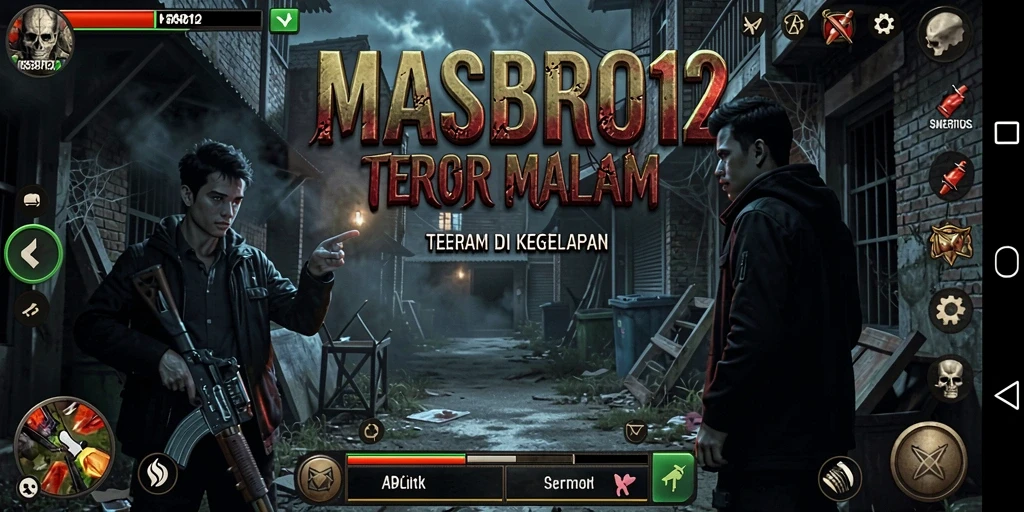Screenshot gameplay MASBRO12 menampilkan suasana horror yang mencekam.