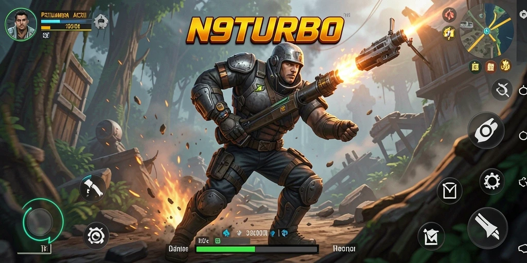 Tangkapan layar utama N9TURBO menampilkan aksi gameplay yang mendebarkan.