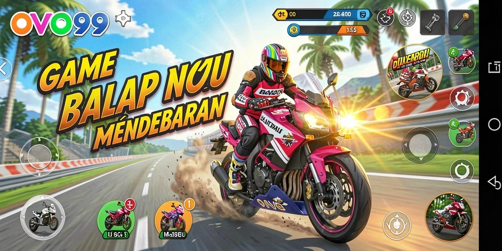 Gameplay mendebarkan di OVO99 dengan balapan motor cepat.