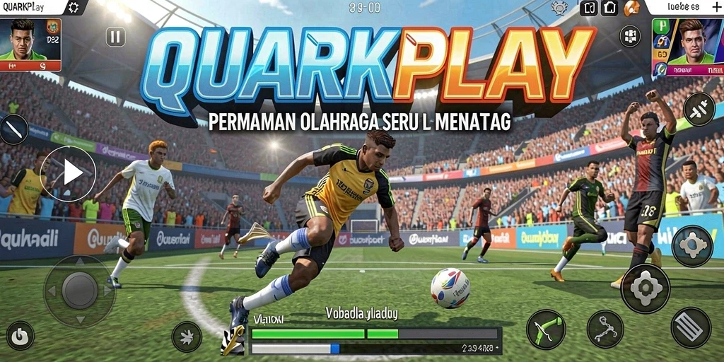 Screenshot utama menunjukkan pemain bersaing dalam pertandingan olahraga yang seru.