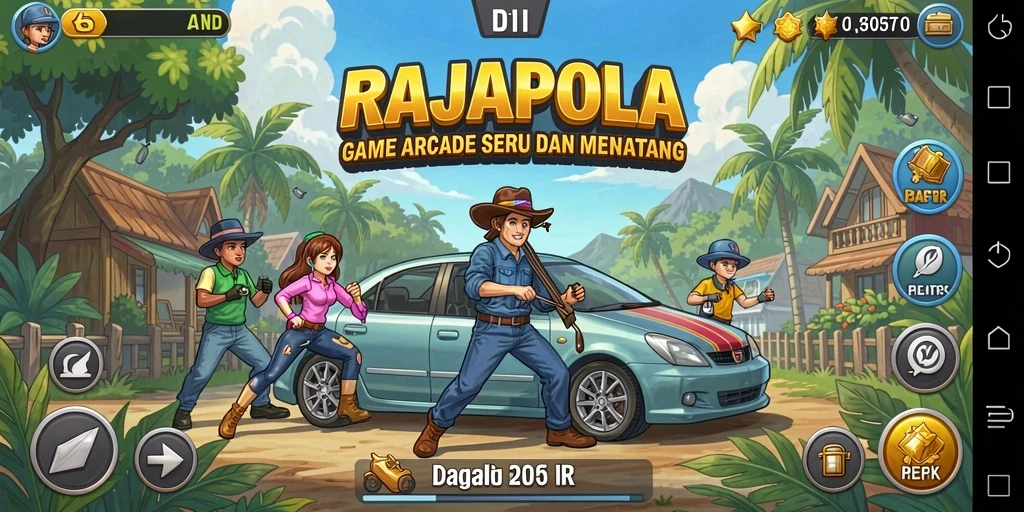 Tampilan gameplay menarik dari RAJAPOLA dengan karakter dinamis.