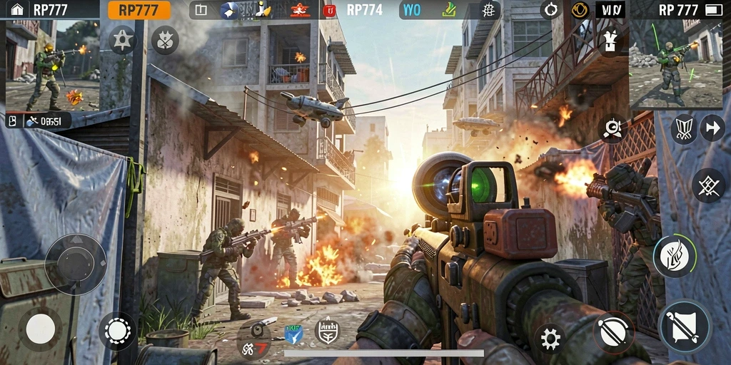 Tampilan aksi pertempuran intens dalam game FPS RP777.