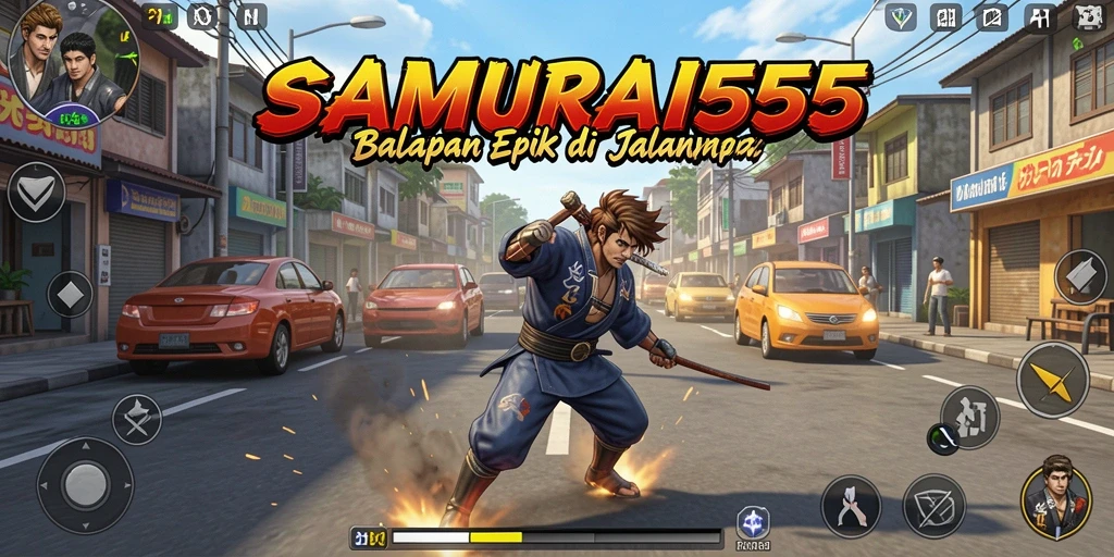 Screenshot gameplay SAMURAI555 menampilkan aksi balapan yang mendebarkan.
