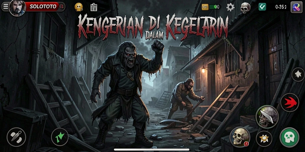 Screenshot gameplay SOLOTOTO yang menampilkan atmosfer menyeramkan dan penuh ketegangan.