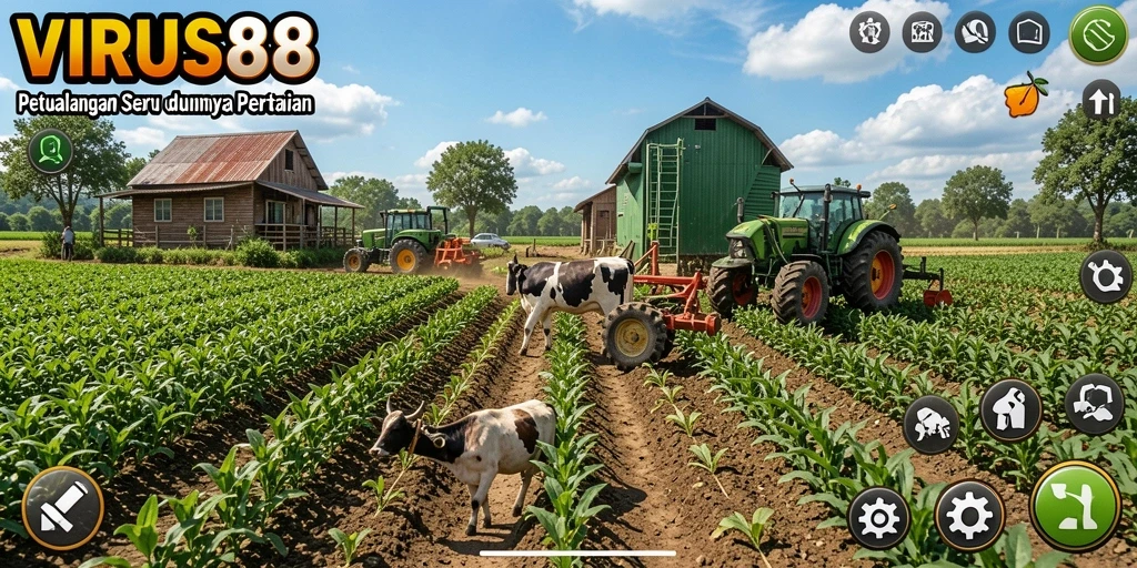 Tangkapan layar gameplay VIRUS88 dengan ladang subur dan aktivitas bertani.