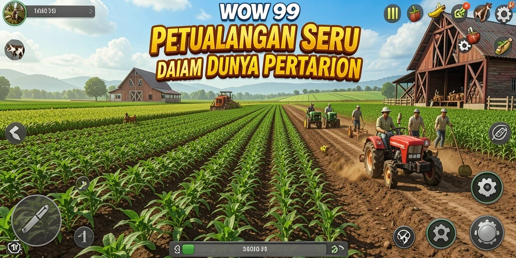 Gameplay WOW99 yang seru menampilkan aktivitas bertani dan berlomba.
