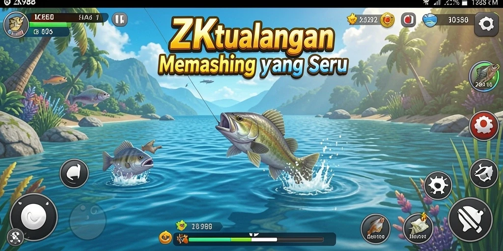 Screenshot gameplay ZK988 menunjukkan momen menangkap ikan yang mendebarkan.